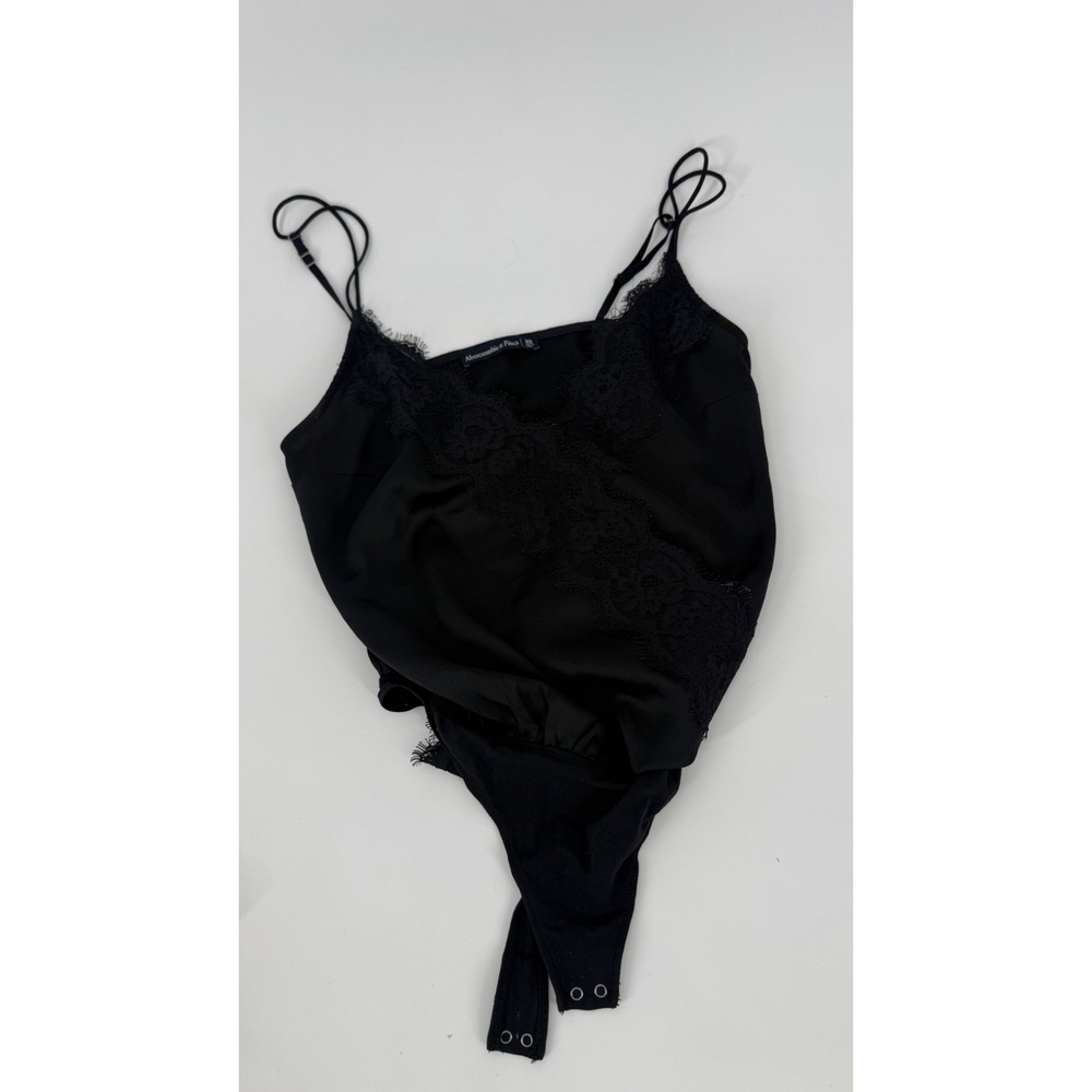 Abercrombie & Fitch Black Satin Lace Trim Bodysuit XS Sleeveless V-Neck Cami Top